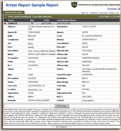 arrest warrant report sample.